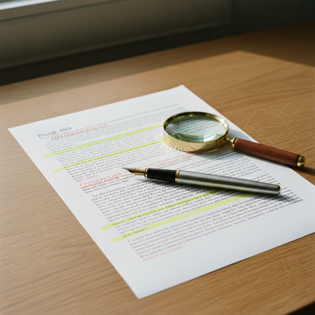 A high-quality fountain pen resting on a printed research manuscript with highlighted passages and margin notes.