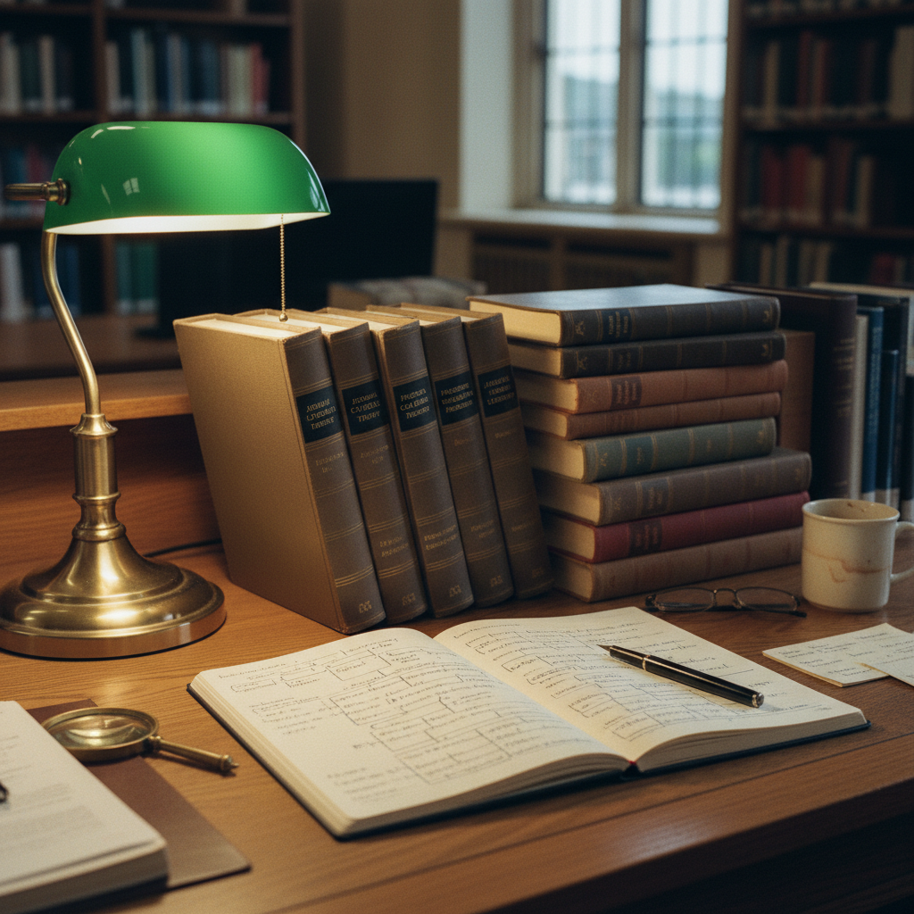 A wooden desk with a stack of academic journals, a classic brass lamp, and an open notebook with handwritten citations.
