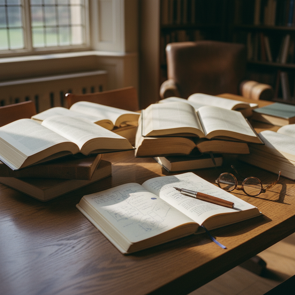 A high-quality close-up of a vintage oak library desk with a stack of thick academic journals, a fountain pen, and a heavy brass lamp.