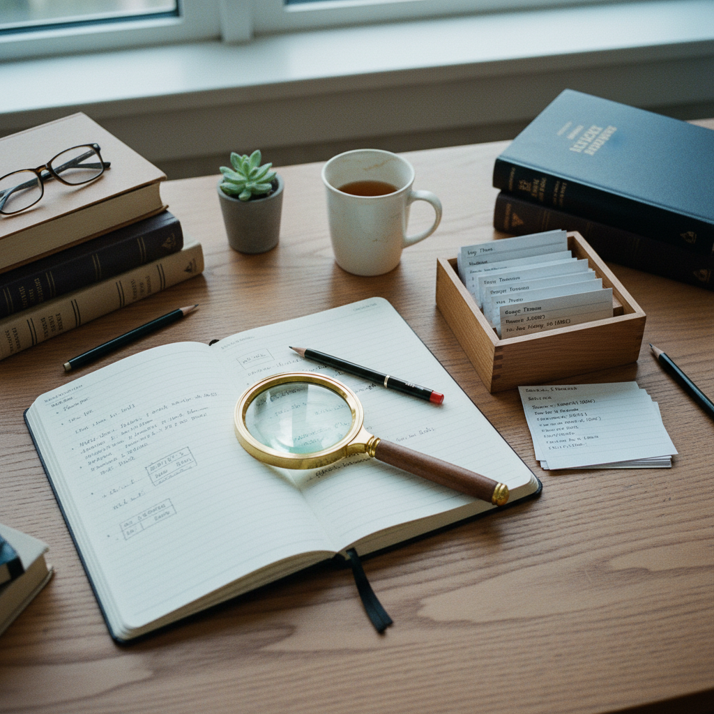 A minimalist wooden desk with a notebook, a magnifying glass, and a small stack of index cards organized by theme.