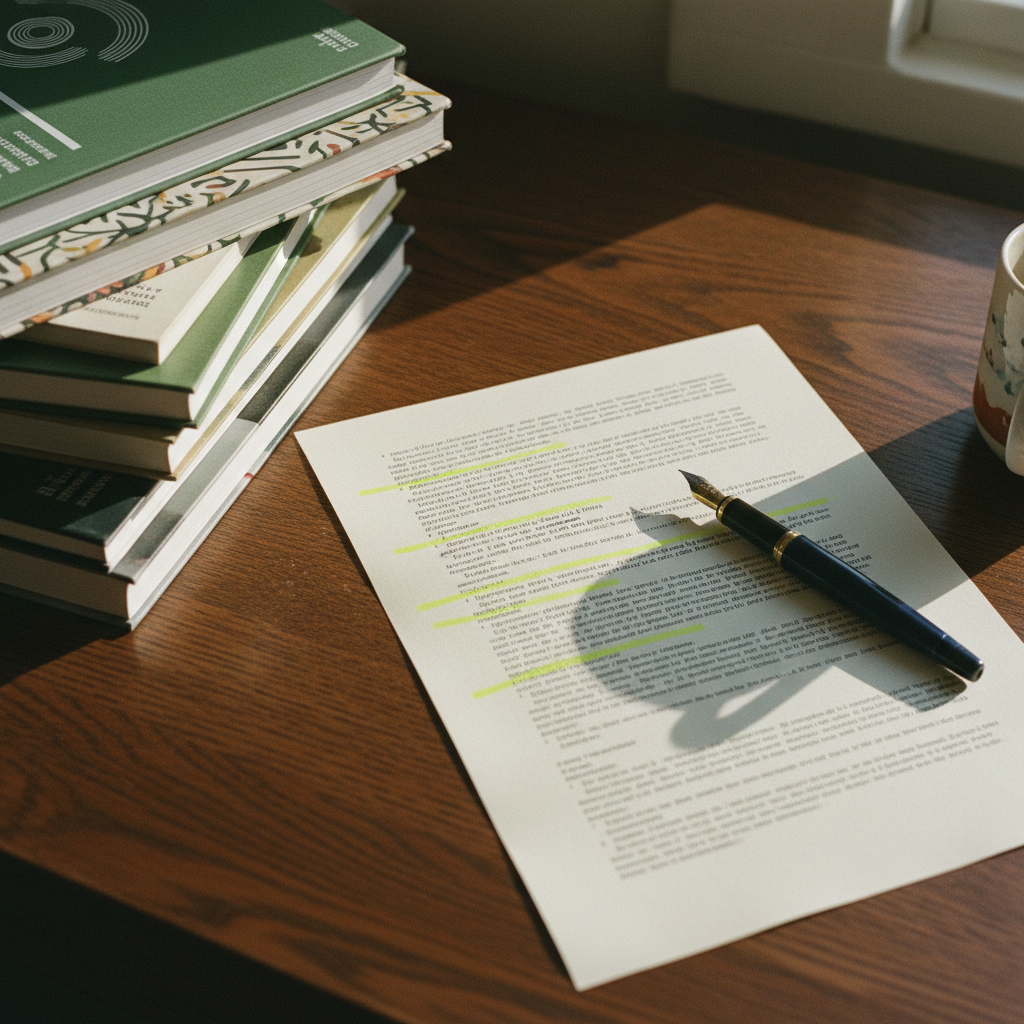 A close-up shot of an academic workspace featuring a tall stack of peer-reviewed journals and a human hand holding a highlighter over a printed research paper.