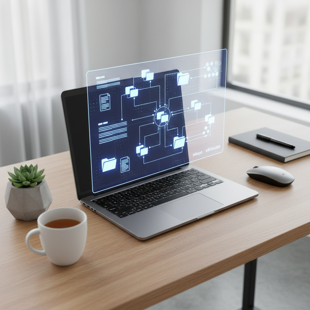 A conceptual overhead view of a clean, organized digital workspace with glowing nodes connecting various research documents.