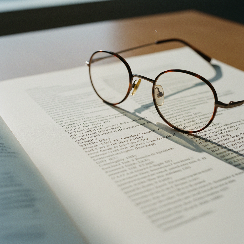 A macro close-up of a printed bibliography page with a pair of tortoiseshell glasses resting on the text, highlighting clean, standardized citations.