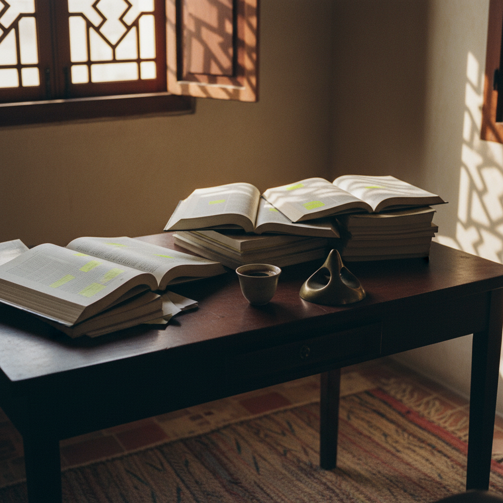 A high-angle shot of a minimalist wooden desk featuring a stack of thick academic journals, a traditional Saudi coffee cup, and a high-end metal fountain pen on a leather writing mat.