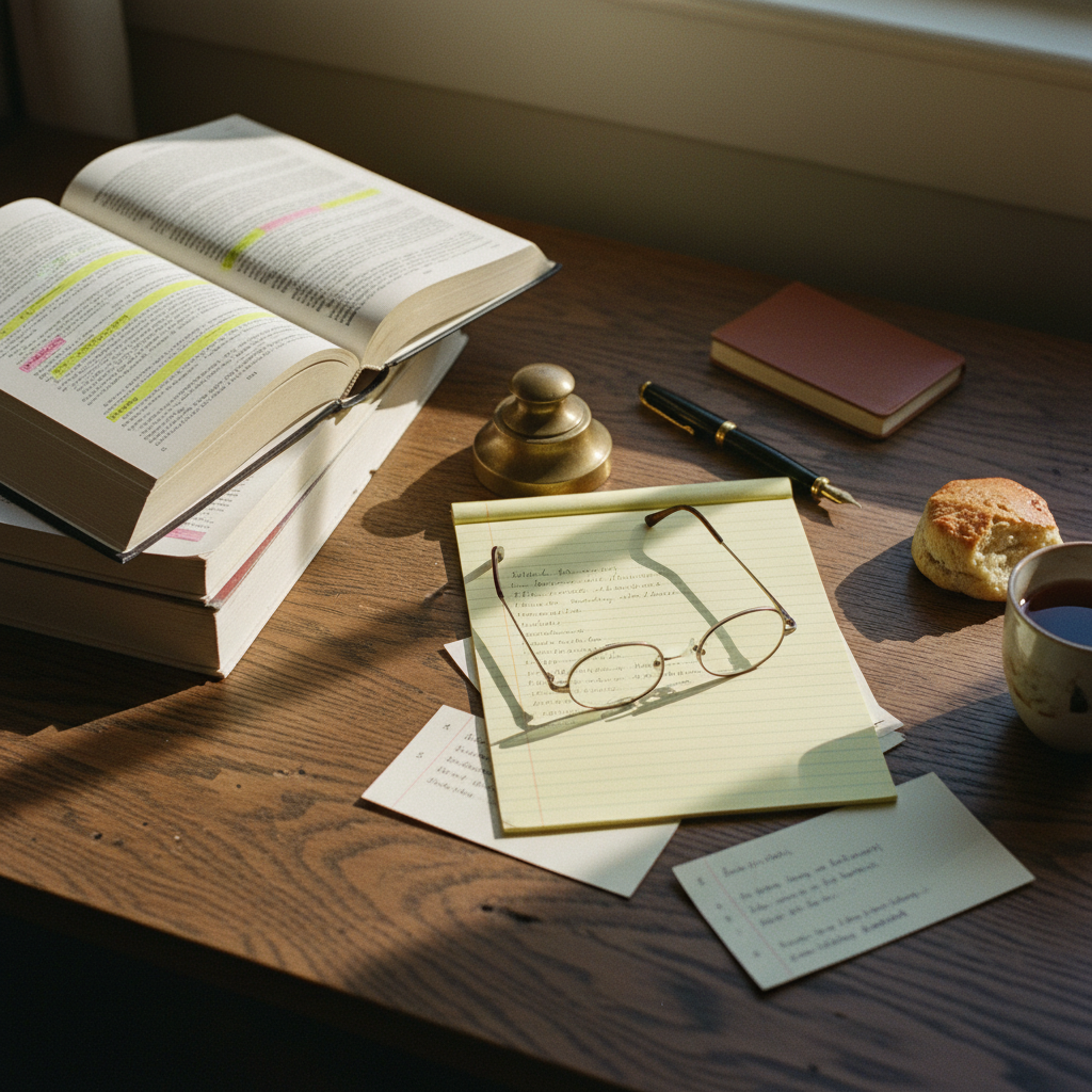 A clean, wooden desk with a stack of academic journals, a fountain pen, and a focused researcher's hands organizing printed papers.