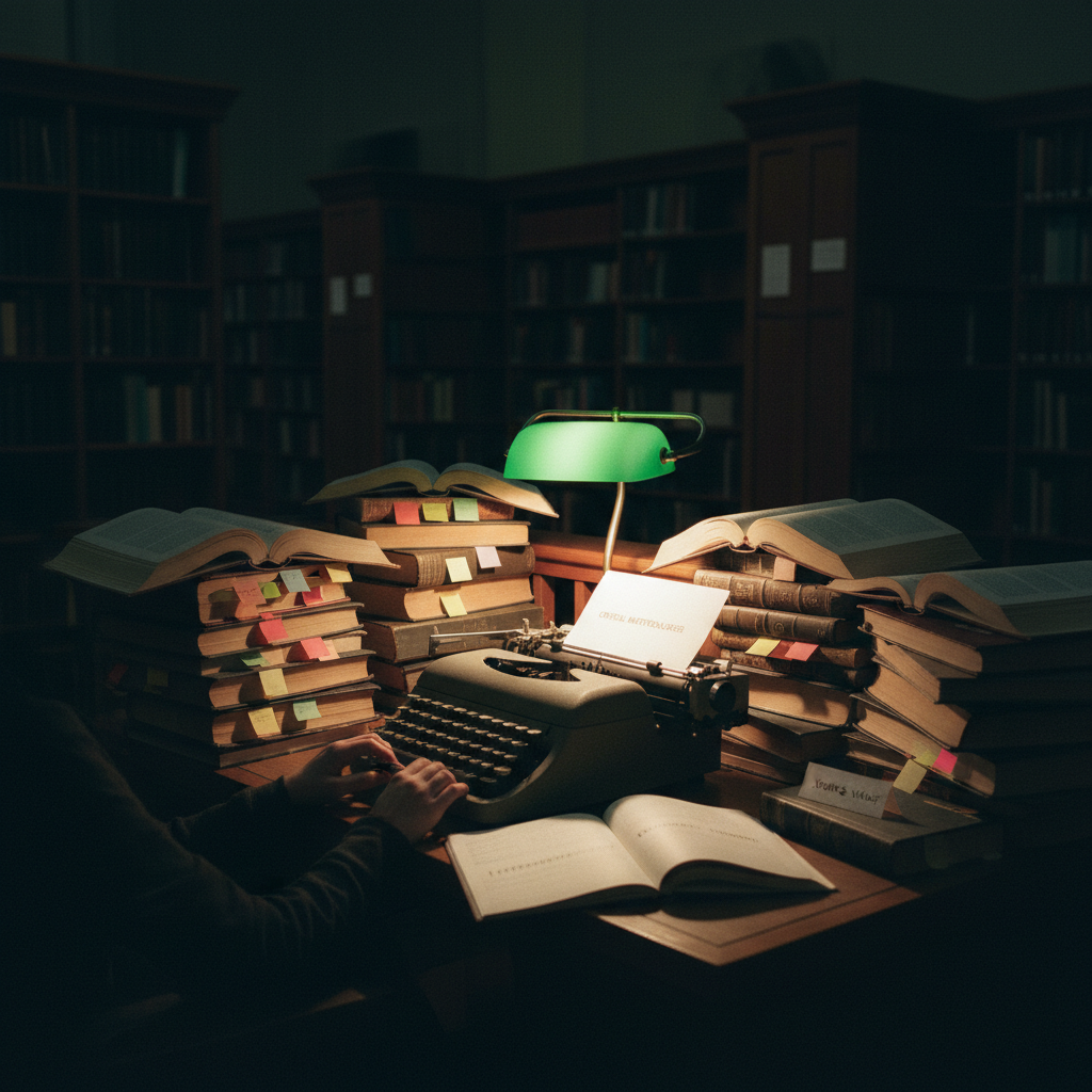A view from over the shoulder of a researcher sitting in a dimly lit library carrel with a heavy typewriter and stacks of books.