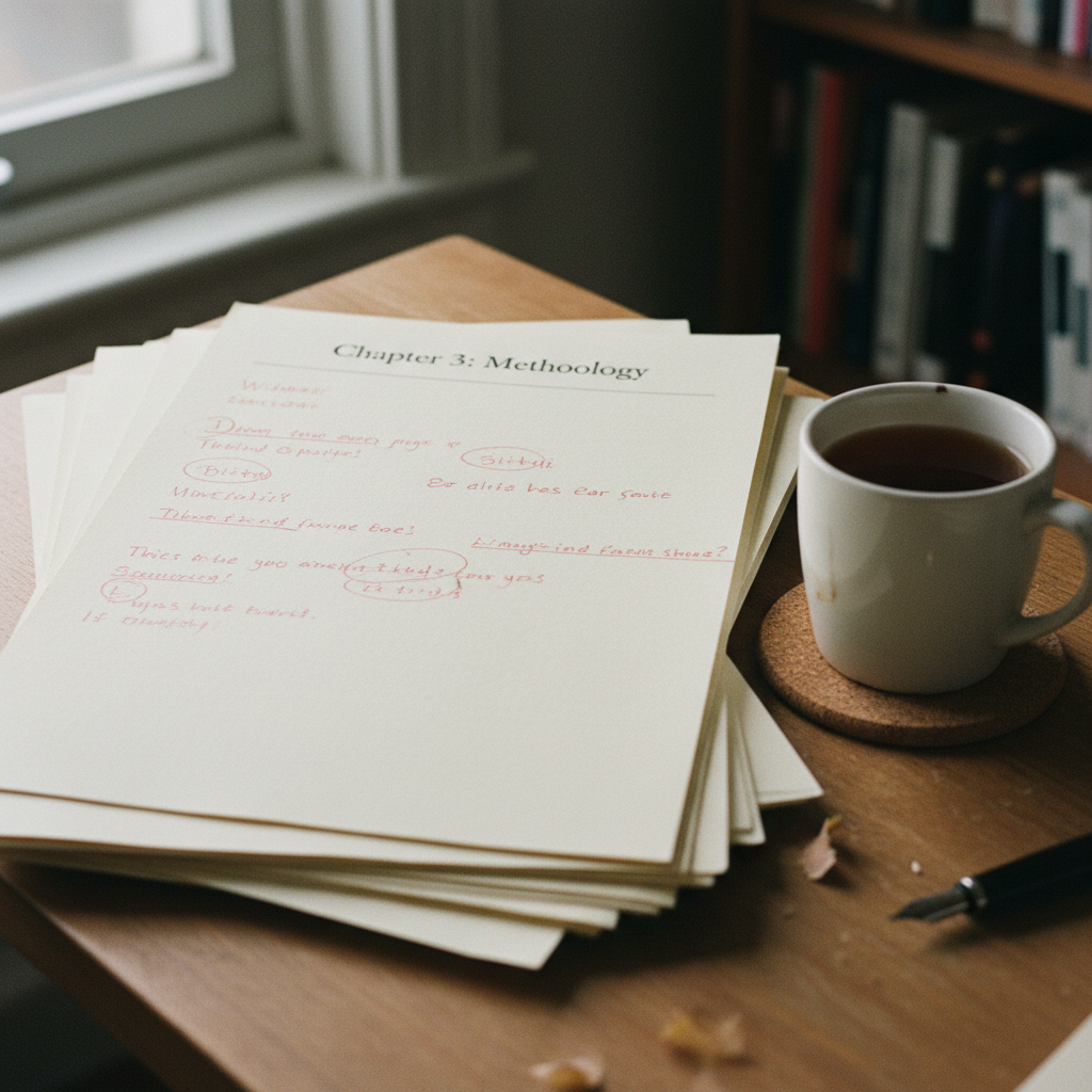 A close-up of a printed thesis manuscript with handwritten annotations in the margins.