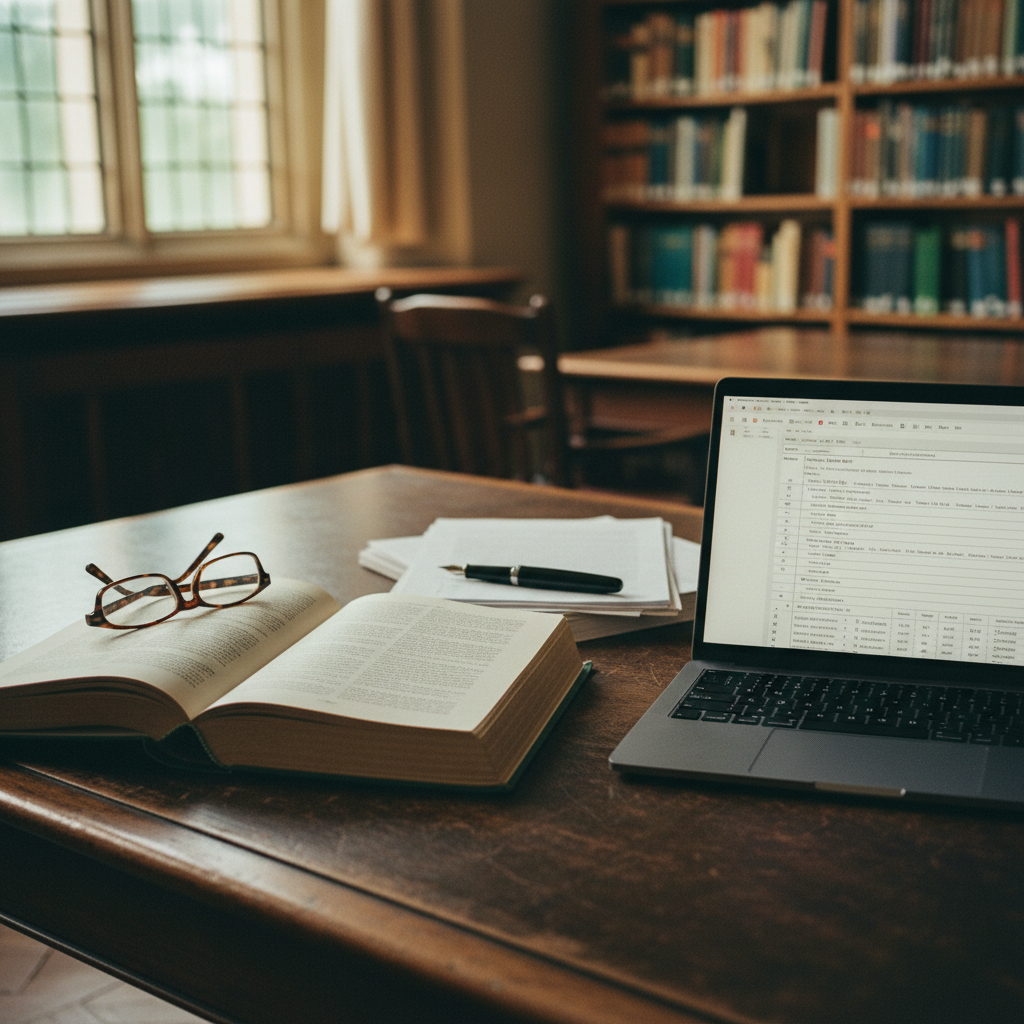 A clean, minimalist desk with an open academic journal, a fountain pen, and a laptop showing a complex document structure.