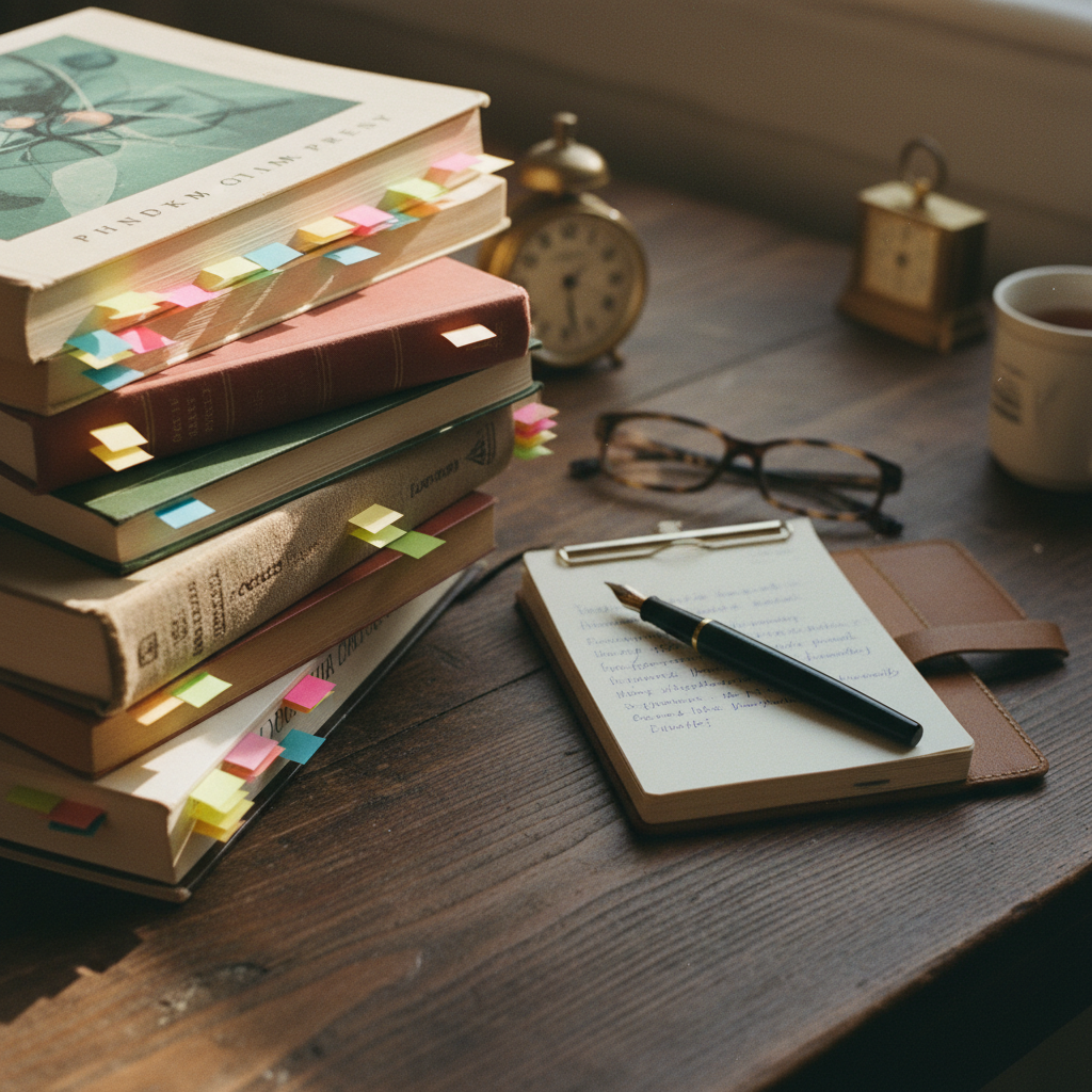 Close-up of a disorganized mahogany desk with stacks of leather-bound journals and modern printed research papers.