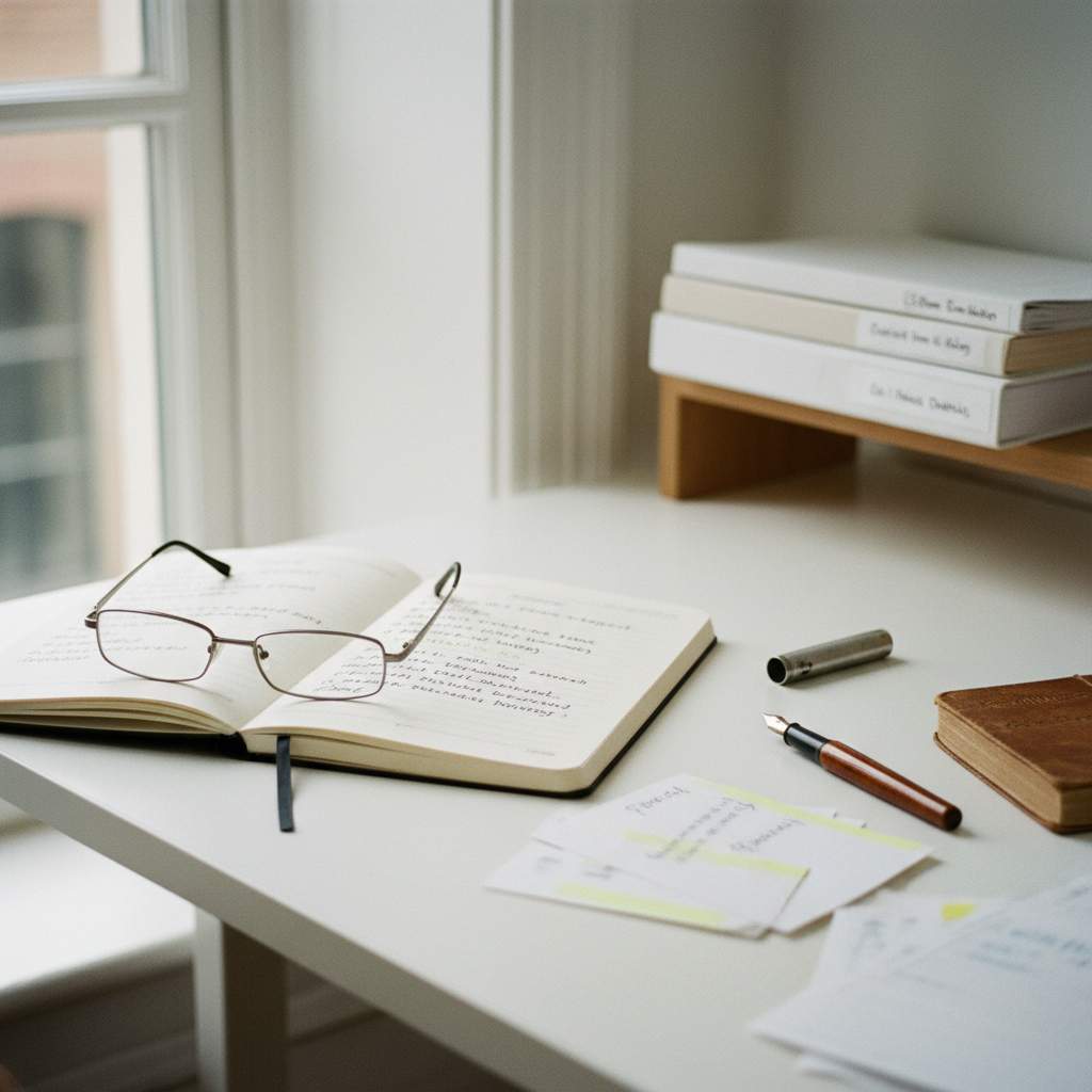 A minimalist desk with a single open notebook and a neat stack of indexed folders.