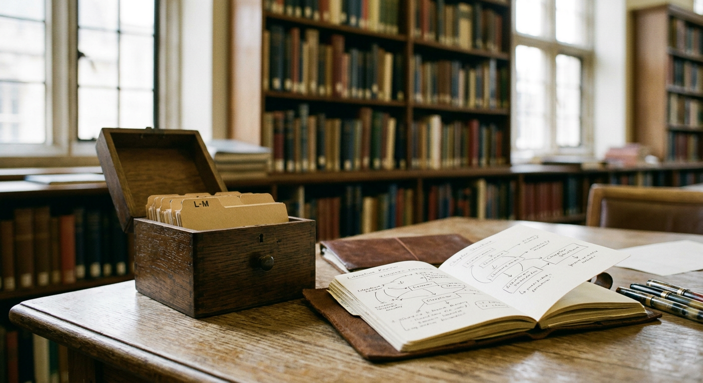 A neatly organized shelf of academic binders and a small card catalog box on a library table.