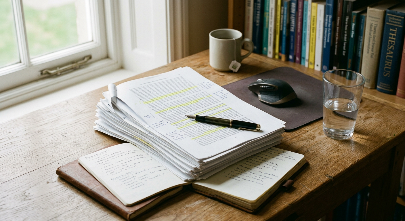 A close-up shot of a researcher's wooden desk featuring a stack of academic journals, a heavy pair of tortoiseshell glasses, and a mid-century desk lamp.