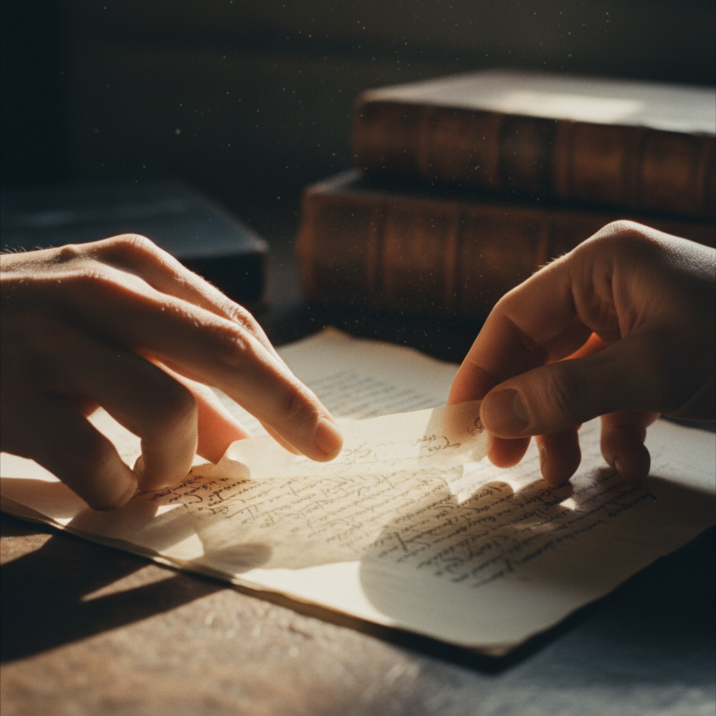 A researcher's hands adjusting a microscope or archival documents in a quiet lab setting.
