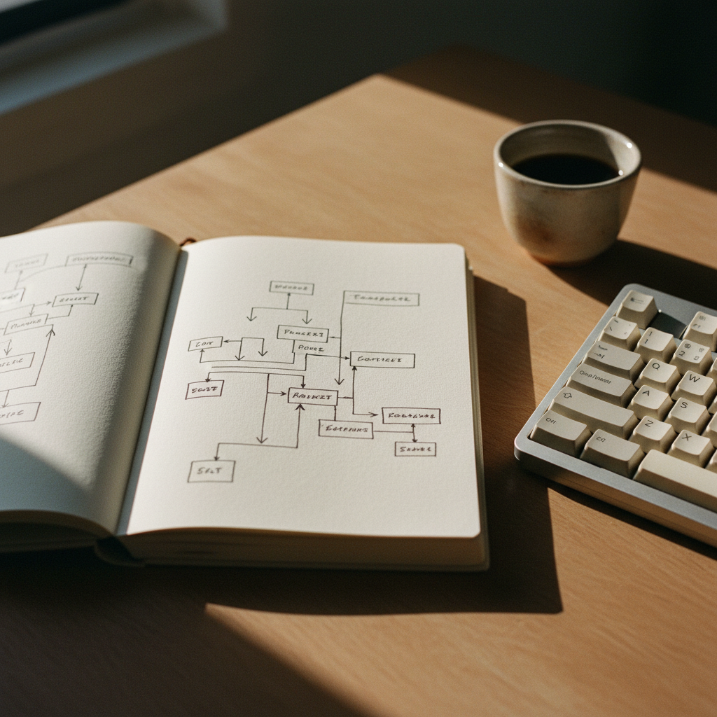 A clean workspace featuring an open notebook with handwritten diagrams next to a mechanical keyboard.