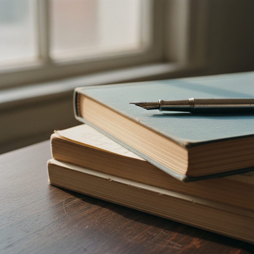 A stack of thick academic journals and a single fountain pen on a heavy oak table in a dim library.