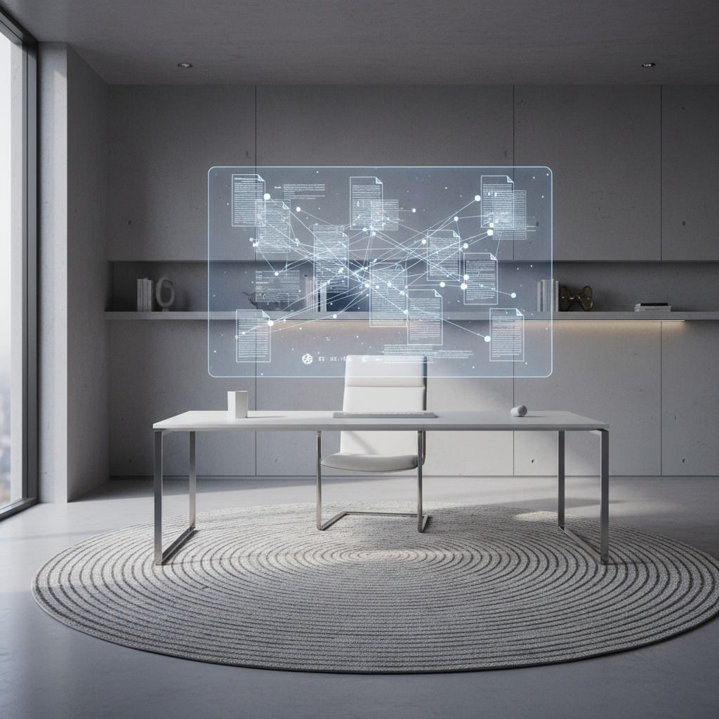 A high-tech digital library interface showing connected nodes of research papers.