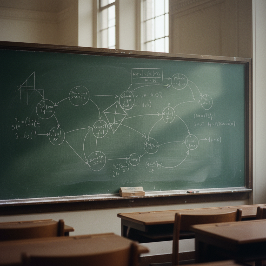 A chalkboard filled with complex logical diagrams and flowcharts in an empty university lecture hall.