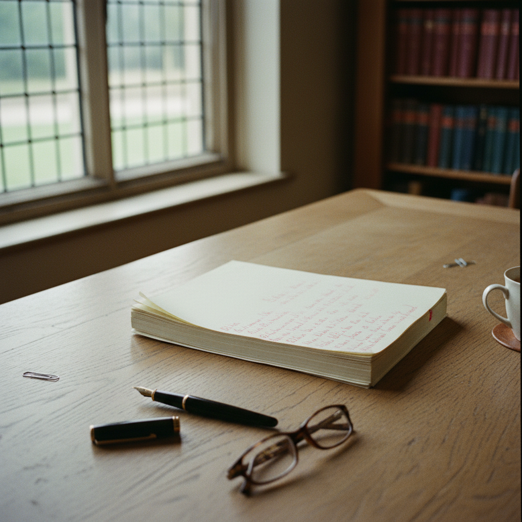 A wooden desk with a stack of academic journals, a fountain pen, and a pair of reading glasses in soft morning light.