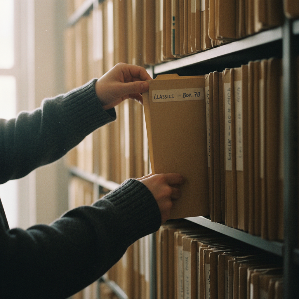 A person's hands organizing a physical card catalog or a dense shelf of labeled thick file folders in a dimly lit library.