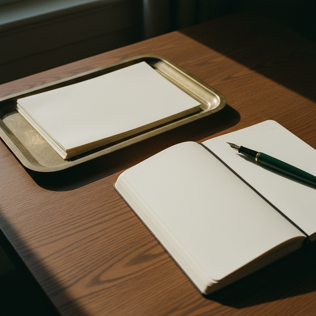 A clean, minimalist wooden desk with an open leather-bound journal, a heavy fountain pen, and a stack of academic papers in a brass tray under soft morning light.