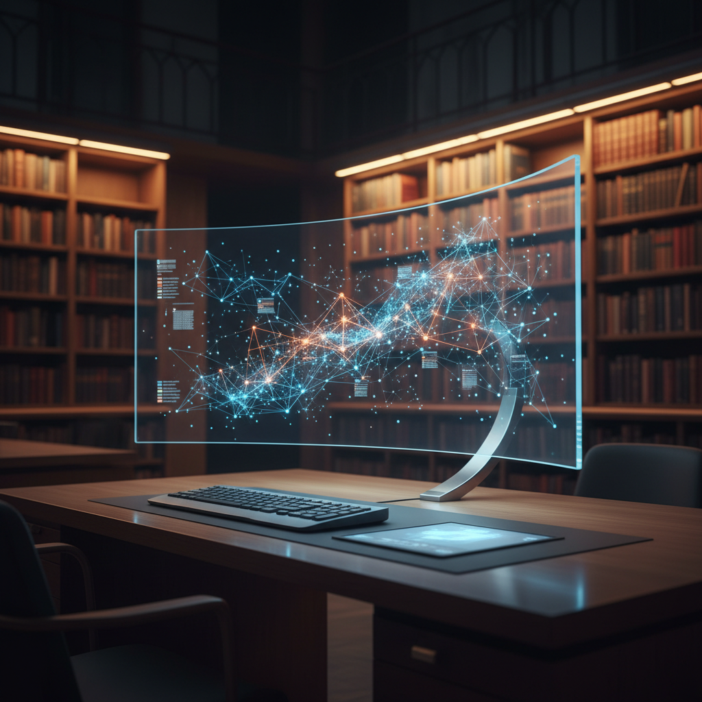 A modern, minimalist workspace with a glass screen displaying a complex neural map of interconnected academic papers and citations.