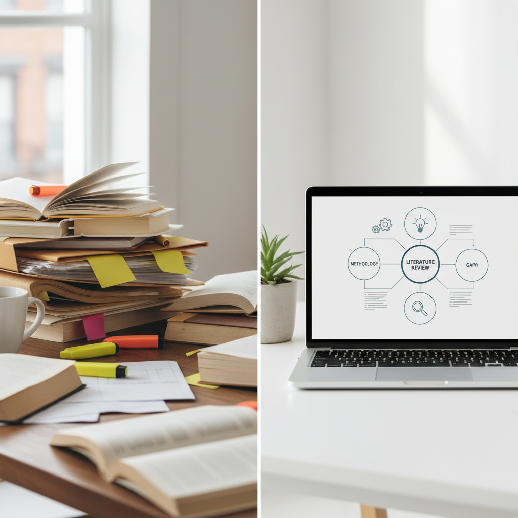 A split-screen view showing a traditional messy desk of papers versus a clean digital interface organizing themes.