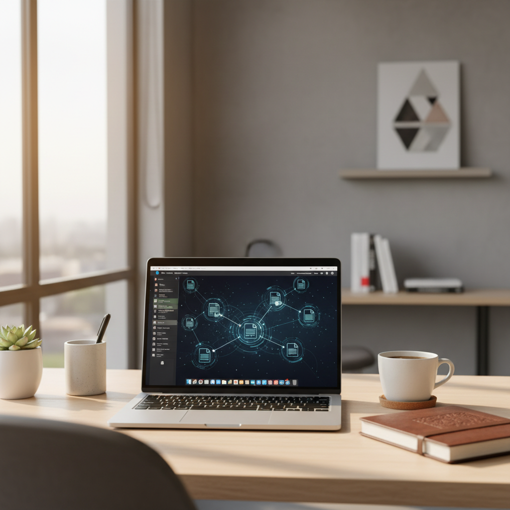 A clean, modern workspace with a laptop showing a complex research dashboard and several open academic journals.