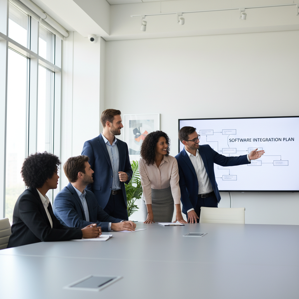 An executive boardroom setting where university administrators discuss software procurement.