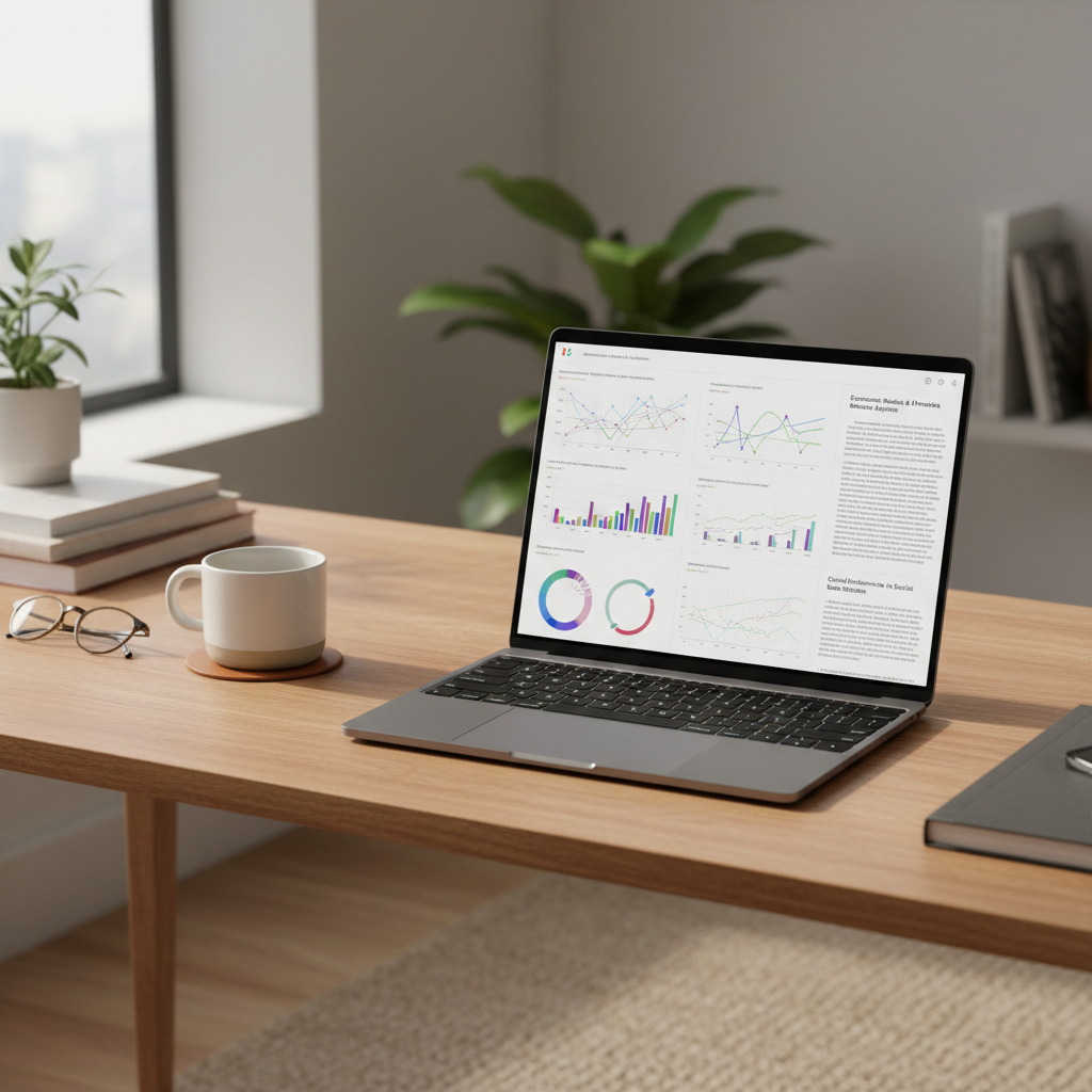 A modern, minimalist academic workspace with a laptop showing a complex research dashboard and a notebook nearby.