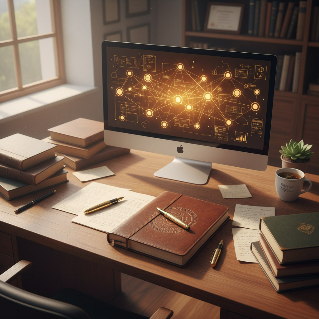 A professional overhead view of a clean, minimalist desk with a high-end fountain pen and a high-resolution display showing a complex research map.
