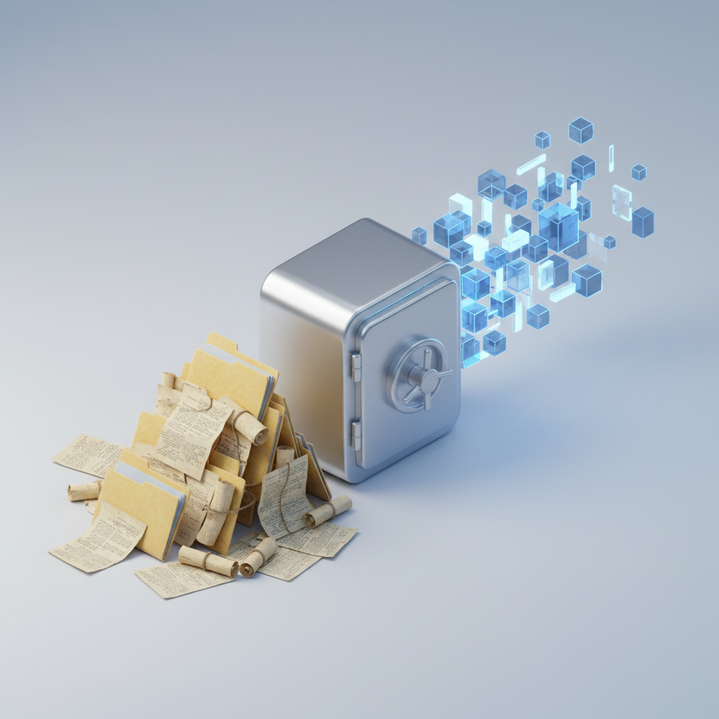 A split-screen illustration showing an unorganized pile of papers transitioning into a structured digital research vault.