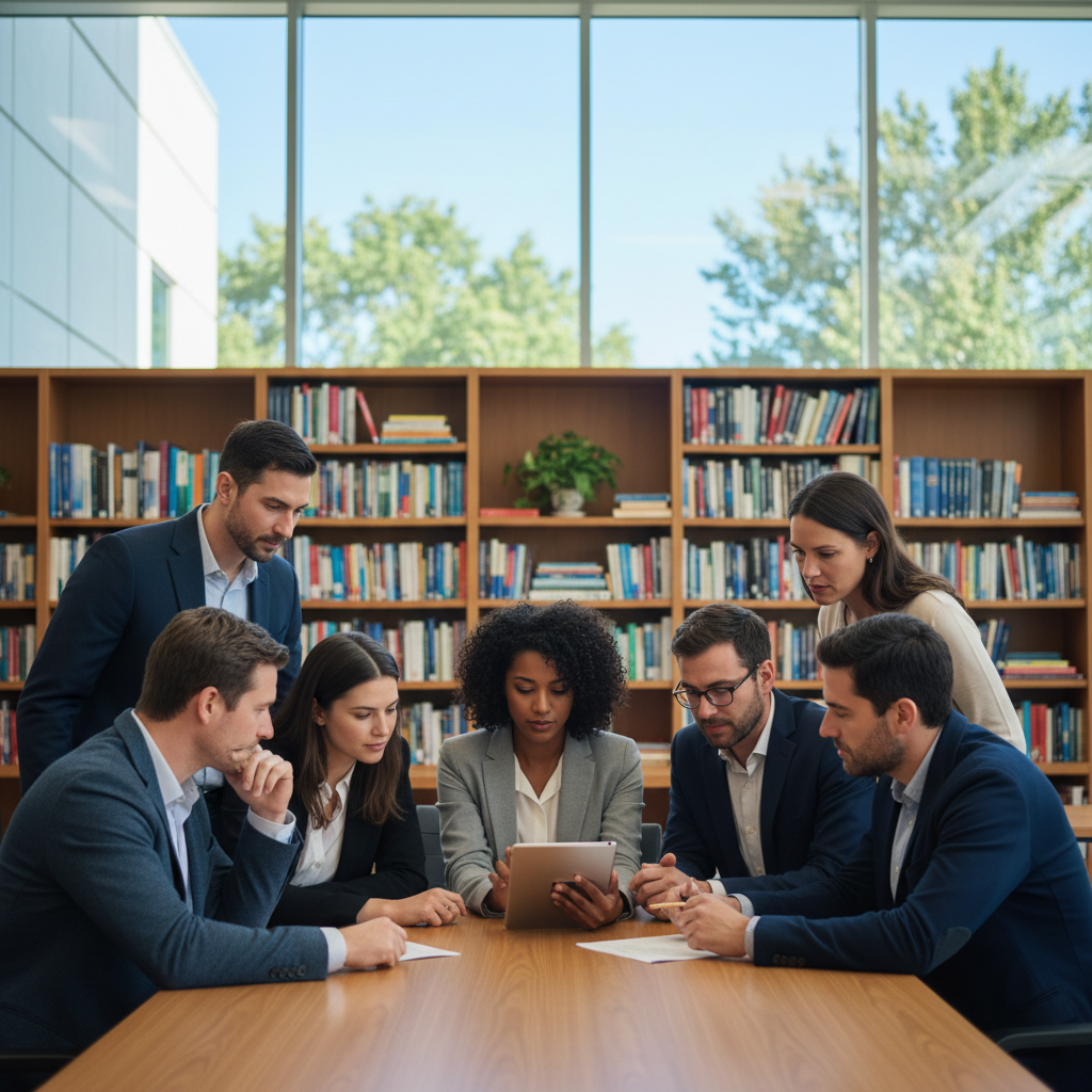 A group of academics in a light-filled university lounge discussing information on a tablet.