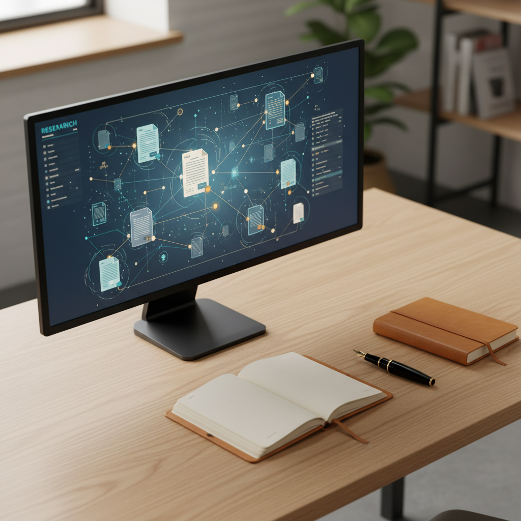 A clean, minimalist workspace with a modern computer showing a complex research interface and a notebook.