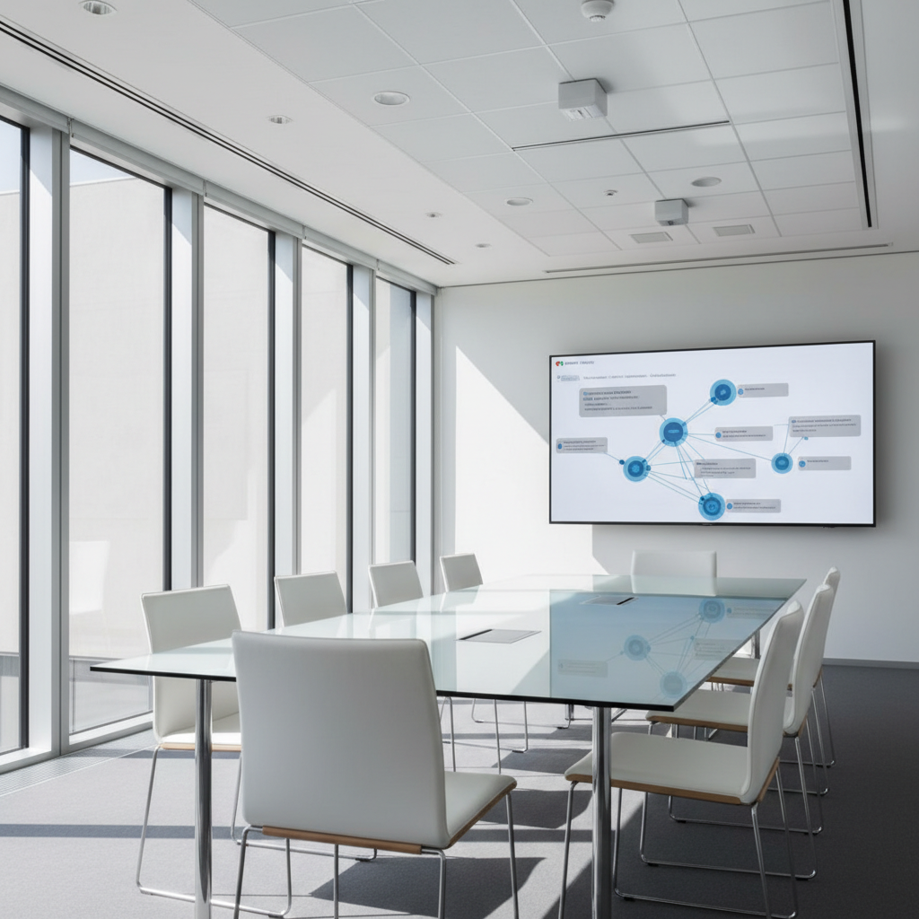 A professional business presentation in a university boardroom with a digital screen showing software workflows.