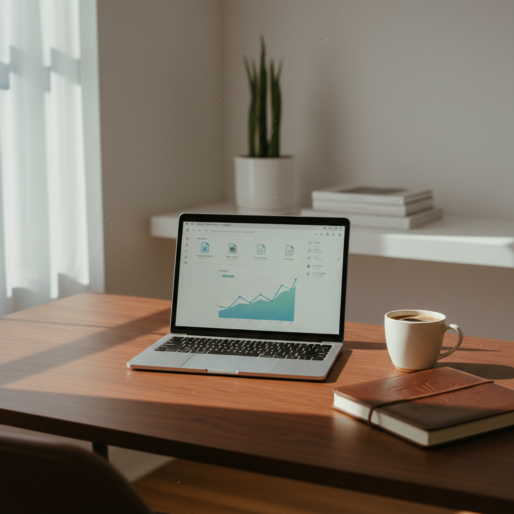 A modern, minimalist academic workspace with a high-end computer monitor displaying a clean user interface of an AI research dashboard.