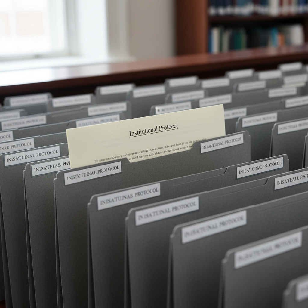 A close-up of a well-organized physical archive with labels like 'Source Management' and 'Drafting'.