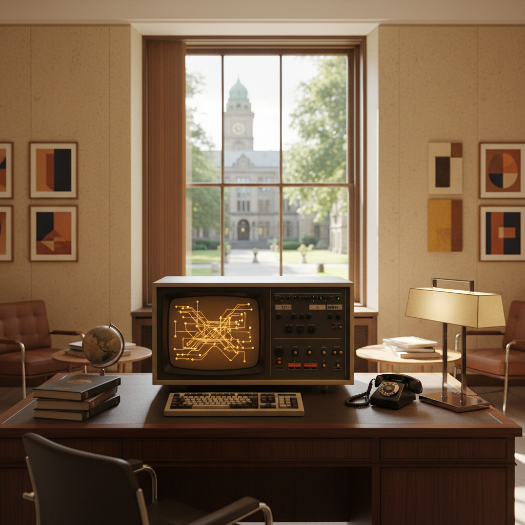 A clean, minimalist university research office with a modern computer terminal showing a sophisticated dashboard.