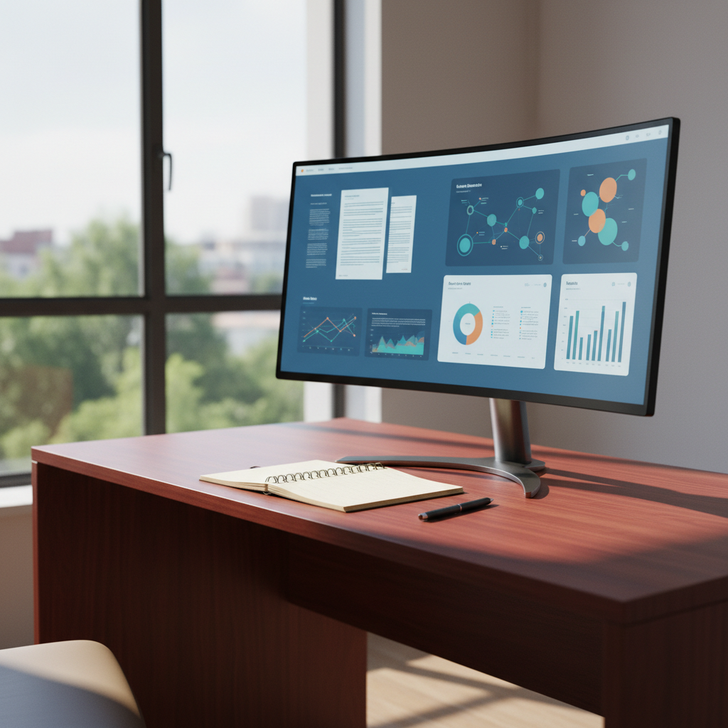 A clean, professional workspace with a modern computer displaying complex research data and a cup of coffee.