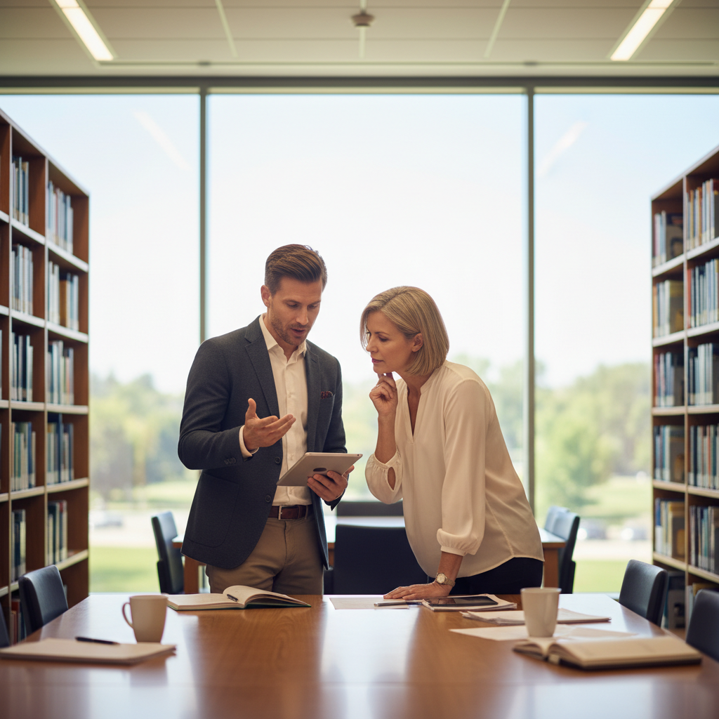 Two professionals in an academic setting discussing a research project over a tablet.