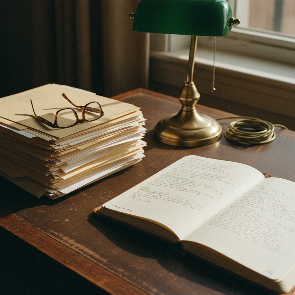 A high-angle shot of a cluttered wooden desk with a vintage typewriter, a stack of bound academic journals, and a fountain pen resting on a notepad. Warm afternoon sun streams through a window.