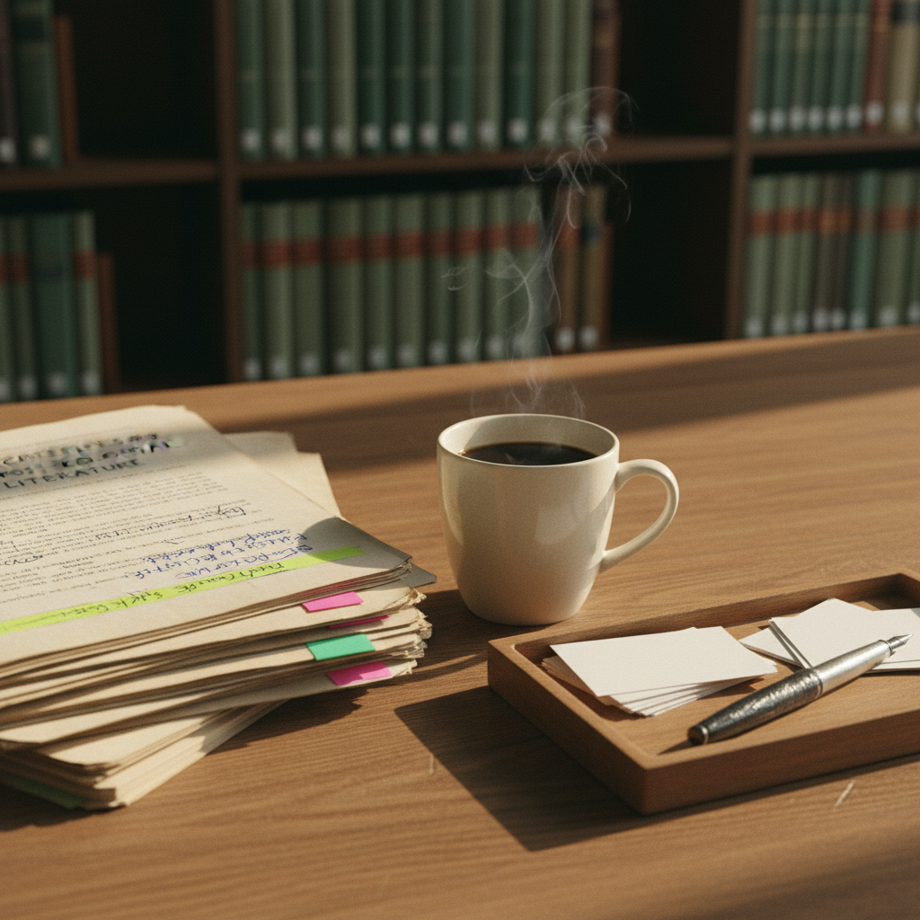 A researcher’s workspace featuring a clean wooden table, a mechanical keyboard, and several open textbooks with colorful sticky notes. A mug of coffee sits next to a pile of printed research papers.
