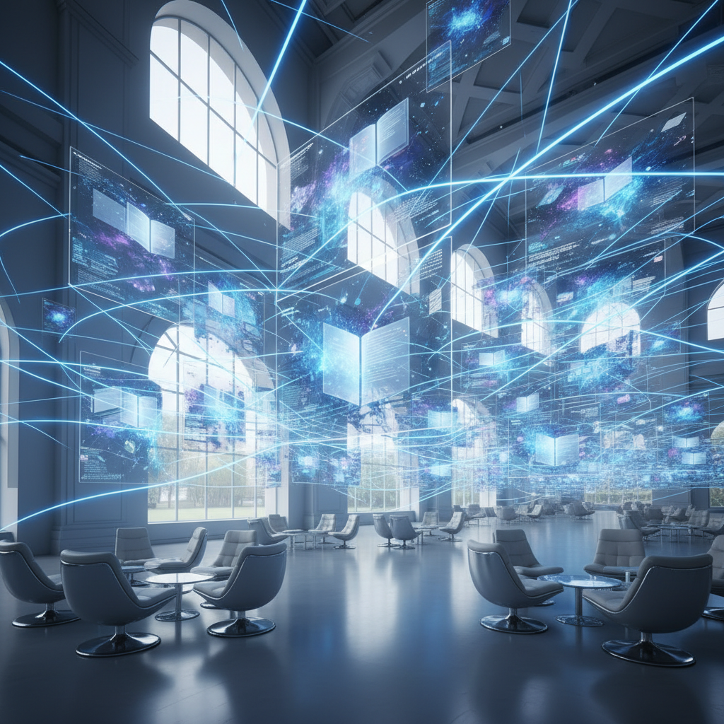 A high-tech digital library interface with glowing nodes connecting research papers.