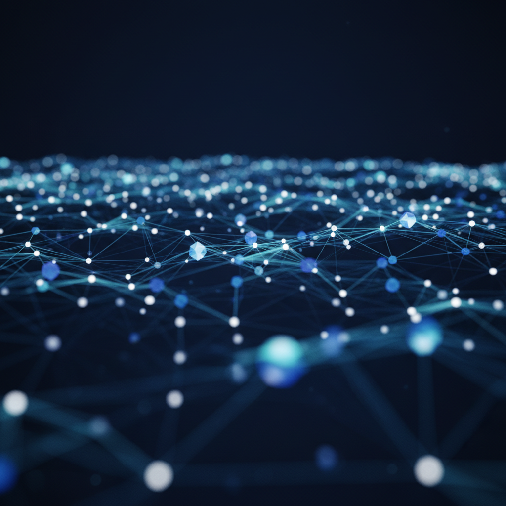 A 3D visualization of interconnected nodes representing data points and research papers.