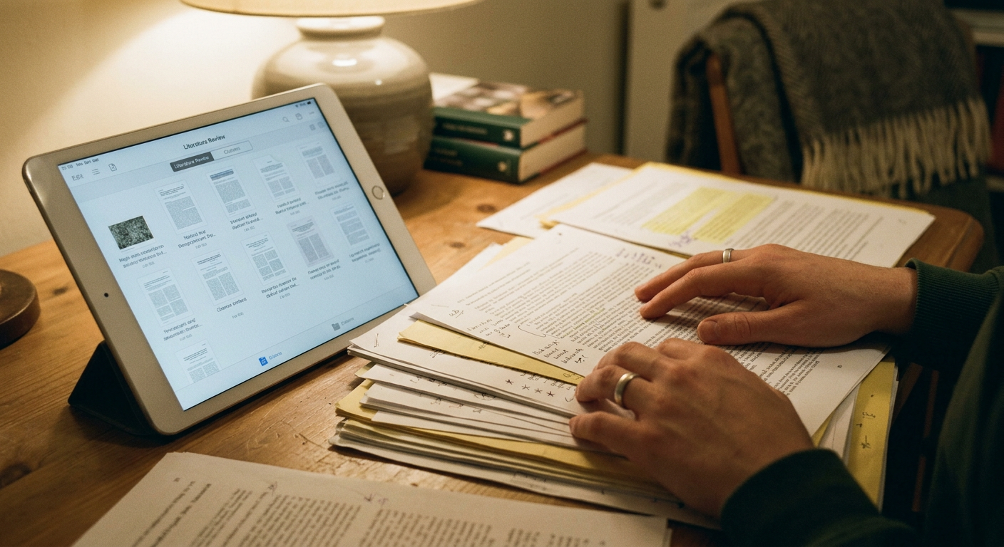 A focused view of a researcher's hands organizing printed research papers alongside a tablet showing a structured database.