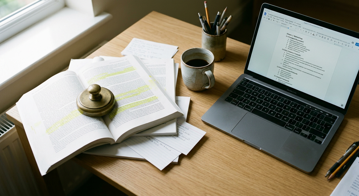 A close-up of a wooden desk with a stack of academic journals, a heavy fountain pen, and a laptop showing a clean text editor.