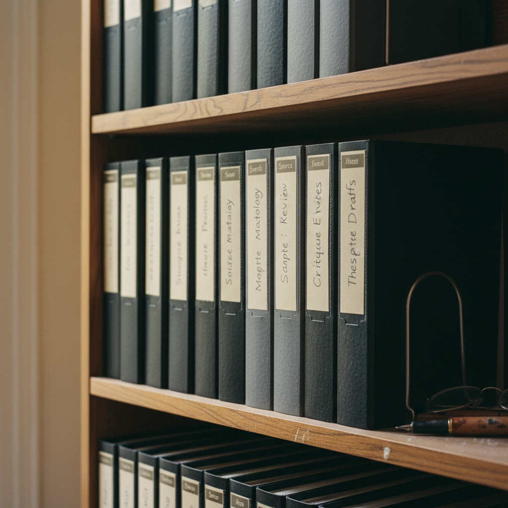An organized shelf of legal and academic binders with handwritten labels on their spines.