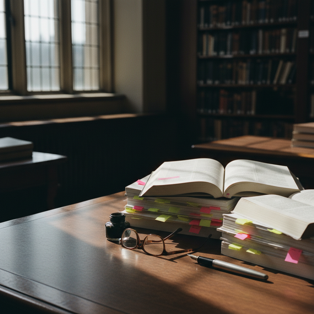 A close-up of a wooden desk with a stack of academic journals, a heavy fountain pen, and a pair of reading glasses.