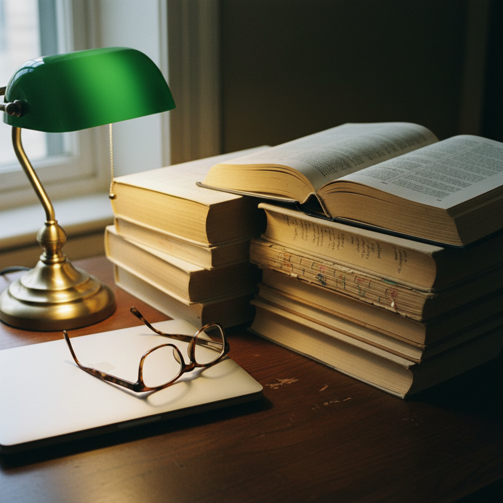 A high-angle shot of an academic's wooden desk with a vintage lamp, a stack of heavy hardcover journals, and a modern silver laptop.