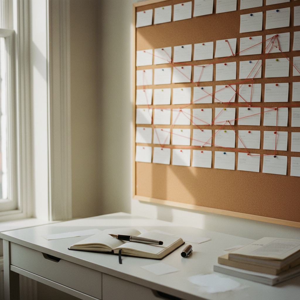 An organized researcher's workspace featuring a corkboard with interconnected index cards and a clean notebook.