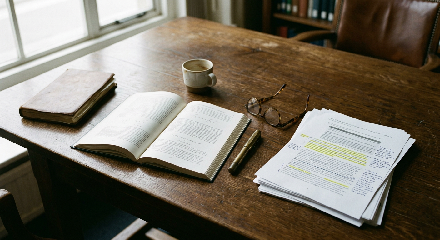 A close-up of an open hardcover academic journal on a dark wood desk with a fountain pen and a stack of printed research papers.